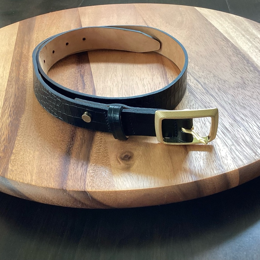 rag & bone Black Crocodile-Embossed Leather Belt with Gold Buckle